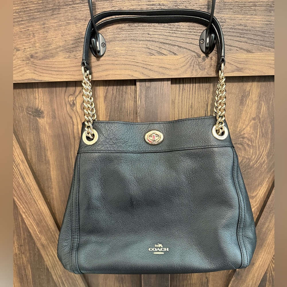 Coach Black Turnlock Edie  Pebble Leather Shoulder Bag with Gold Accents
